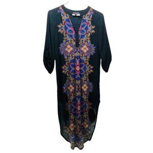 Cable & Gauge Long Tunic Women's Small Black Floral Print 3/4 Roll Tab Sleeves